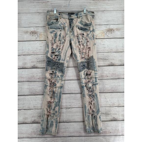 Embellish Distressed Moto Jeans Mens 34 Blue Pink Washed Denim - Picture 1 of 12